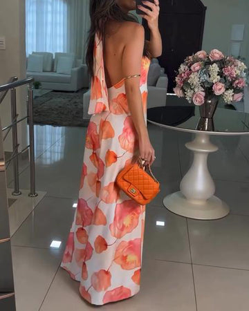 Floral Print Halter Tied Detail Overalls Casual Backless Wide Leg Jumpsuit